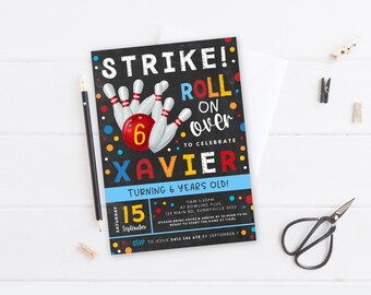 Bowling Party Invitation, PRINTABLE, Boy's Strike Tenpin Bowling Birthday Digital Invite, Fun Personalized Chalkboard Bowling Ball Theme BP1
