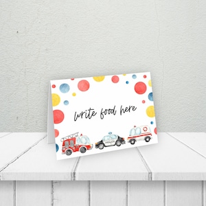 Emergency Vehicles Food Tent Card, PRINTABLE, Digital First Responders Themed Birthday, Firetruck Police Car Ambulance Party Decoration, EV1