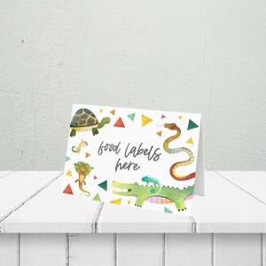 Carte de tente de nourriture pour reptiles, imprimable, fichier numérique, thème de fête d'anniversaire spectacle d'animaux pour garçon, zoo serpent lézard crocodile décoration instantanée RP1