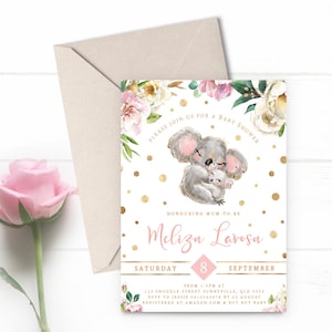 Koala Baby Shower Invite, PRINTABLE, Girl&#39;s Native Australian Animal Party Theme, Floral Gold Confetti Sprinkle Invitation, Digital KO3
