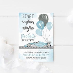 Race Car Themed Invitation, PRINTABLE Blue First Lap Around The Track Boy's 1st Birthday Invite Start Your Engines Racing Party Digital RC4