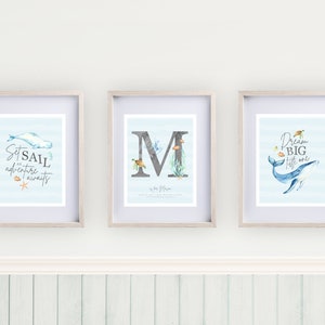 Ocean Themed Nursery, PRINTABLE, Initial Name Wall Art, Newborn Baby Boy Under The Sea Animal 11x14&quot; Digital Print Set, Dream Big Little One