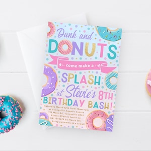 Dunk And Donuts Invitation, PRINTABLE, Girl&#39;s Swimming Pool Party Birthday, Summer Donut Party Theme, Digital File Invite Pink Purple, DD1