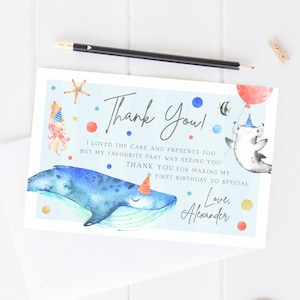 Unter dem Meer 4x6" Dankeskarte DRUCKBAR, Meerestier Hai Wal Motto 1. Geburtstagsparty, Mein Lieblingsteil war Seeing You, OA2