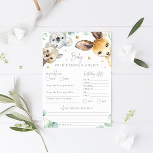 Australische dierenbabyshower, afdrukbaar, voorspellingen en advieskaart, Instant Download 5x7" of A4, Koala-thema, digitaal strooidecor, NA2