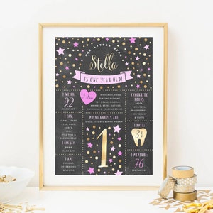 Little Star Milestone Board, PRINTABLE, Girl&#39;s Pink Gold 1st Starry Party Theme Decor, Space Twinkle Chalkboard Birthday Chart Poster GS1