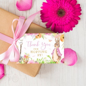 Floral Rabbit Thank You Tag, PRINTABLE, Pink Gold Bunny, Girl&#39;s 1st Birthday Party Theme, 2.5x4 Digital Gift Lolly Bag Swing Favor Tag, FR1
