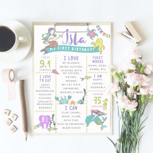 Mermaid Milestone Board, PRINTABLE, First 1st Birthday Keepsake, Girl&#39;s Mermaid Under The Sea Themed Party Decoration, Gold Ocean Print