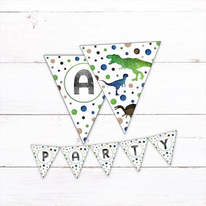 Dinosaur Theme Bunting, INSTANT DOWNLOAD, Printable Pennant Banner, Jurassic T-Rex Velociraptor, Boy&#39;s Dino Birthday Party Decoration, DN2