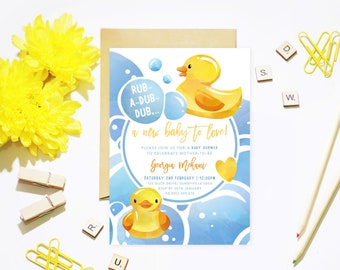 Rubber Duck Invitation, PRINTABLE, Ducky Baby Shower Digital, Gender Neutral Unisex Baby Sprinkle Invite, Rub A Dub A New Baby To Love RD1