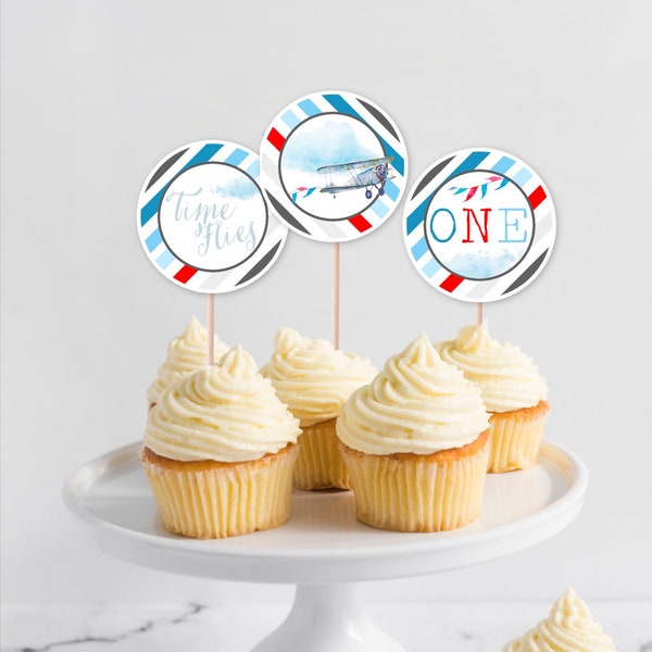 Vintage Plane Cupcake Topper, PRINTABLE, Time Flies 1st Birthday, Boy's First Party, Airplane Theme, Digital Download Round 2" Sticker, VP1