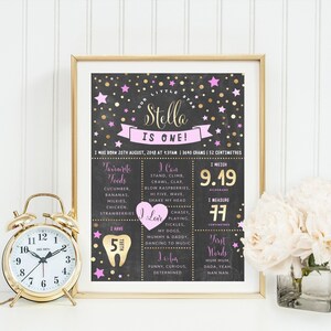 Little Star Milestone Board, PRINTABLE, Girl&#39;s Pink Gold 1st Starry Party Theme Decor Twinkle Chalkboard Birthday Chart Milestone Poster GS1