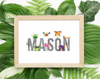 Monster Themed Name Art, PRINTABLE, Newborn Baby Boy Wall Art, Little Monster Toddler Nursery Bedroom Decor, Digital Download PDF Design