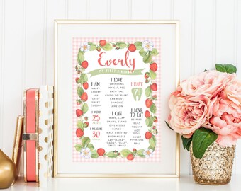 Strawberry Milestone Board, PRINTABLE, First 1st Birthday Girl Print, Digital Berry Sweet Themed, Girl's Farm Baby Party Decoration, BS1