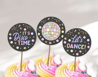 Disco Party Cupcake Toppers, PRINTABLE, Girl's Music Dance Birthday Theme, Pastel Mirrorball, Instant Download Party Round 2" Sticker, DP1