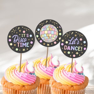 Disco Party Cupcake Toppers, PRINTABLE, Girl&#39;s Music Dance Birthday Theme, Pastel Mirrorball, Instant Download Party Round 2&quot; Sticker, DP1