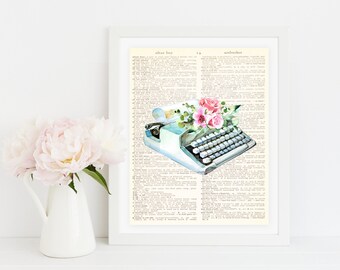Floral Typewriter, PRINTABLE, Vintage Style Dictionary Page Digital Print, Author Writer Study, Home Office 8x10" 11x14", Book Reader Decor