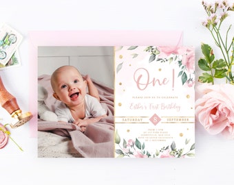 Floral First Birthday Invite, PRINTABLE, Blush Pink Gold 1st Birthday, Vintage Boho Garden Party Theme, Girl's Flower Photo Invitation, GP2