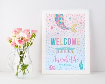 May include: A framed sign with a mermaid theme, displaying "WELCOME to Annabeth's Fifth Birthday." The design includes a mermaid tail, confetti, and marine life illustrations. A vase of pink roses is positioned to the left.