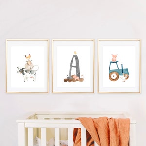 Farm Animals Nursery Art, PRINTABLE Boy's Farmyard Barnyard Bedroom Decor Personalised Baby Toddler Country Print Set Pigs Cow Sheep Tractor