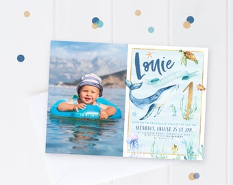 Invito a tema sotto il mare, STAMPABILE, primo invito del ragazzo di compleanno, animali marini acquerello oceano balena pesce, tema festa in mare, OA1