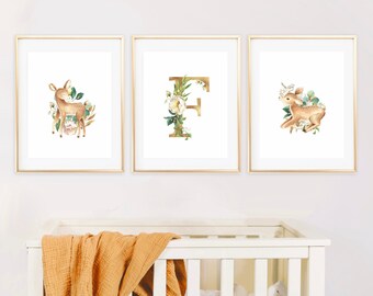 Deer Nursery Art, PRINTABLE, Girl's Woodland Wall Prints, Set of 3 Bedroom Decor Personalised Initial, Pretty Baby Girl Floral Digital Art