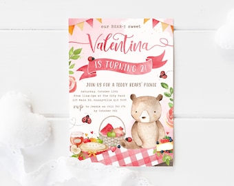 Teddy Bear's Picnic Themed Invitation, PRINTABLE, Cute 1st First 2nd Birthday Party Bear Theme Invite, Red Gingham Digital File TBP3