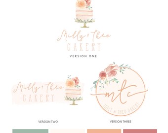 Watercolor Cake Premade Logo Design, Bakery Small Business Branding, Homemade Baker Desserts Treat Maker Sweets Shop, Floral Blush Peach
