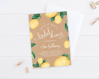 Lemon Bridal Shower, PRINTABLE FILES, Watercolor Lemon Invite, Kraft Paper Style, Citrus Summer Baby Shower Birthday Invitation, LM1