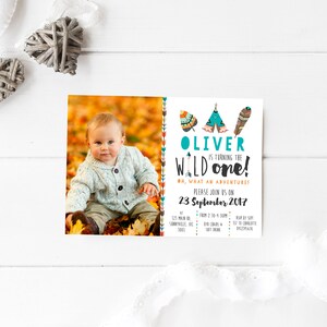 Wild One Invitation, DIGITAL DOWNLOAD, Tribal First 1st Birthday Invite, Teepee Tipi Feathers Pow Wow Boy&#39;s Boho Aztec Invite Design