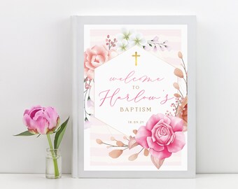 Girl's Baptism Welcome Sign, PRINTABLE, Floral Watercolor Christening Digital Decoration, Pink And Gold 1st Birthday Shower Decor, GFB1