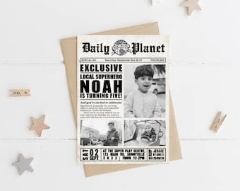 Superhero Newspaper Invitation, PRINTABLE, Unique Newspaper Clipping Birthday Photo Invite, Boy's Superhero Theme 1st 2nd 3rd 5th 10th Party