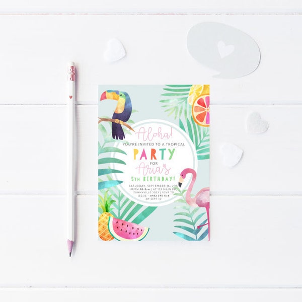 Tropical Party Invitation, PRINTABLE, Watercolor Flamingo Toucan Pineapple Watermelon Theme, First 1st 5th 10th Birthday Digital Invite, TR1