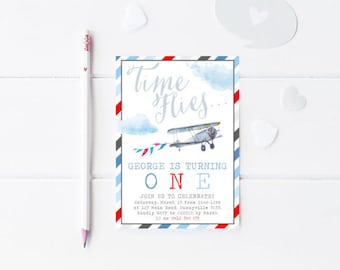 Invito aereo vintage, STAMPABILE, Tema Il tempo vola, 1a prima 2a 3a 5a festa di compleanno del ragazzo, Invito aereo, Aereo acquerello, VP1