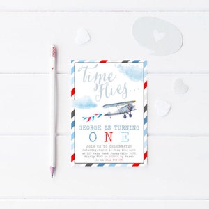 Vintage Plane Invitation, PRINTABLE, Time Flies Theme, 1st First 2nd 3rd 5th Boy's Birthday Party, Airplane Invite, Watercolor Plane, VP1
