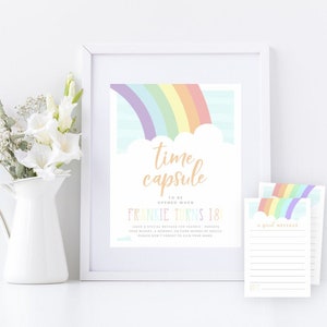 Pastel Rainbow Time Capsule, PRINTABLE, Digital 8x10 Sign Matching 4x6&quot; Message Cards, Rainbow Girl&#39;s 1st First Birthday Party Decor, RB2