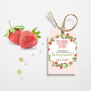 Strawberry Themed Thank You Tag, PRINTABLE, 2.5x4" Berry Sweet First 1st Birthday, Berry Cute Farm Party Gift Lolly Bag Favor Loot Tag, BS1