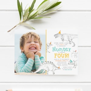 Dinosaur Invitation DIGITAL DOWNLOAD Printable Party Hat Fun Dino Themed Photo Invite 2nd 3rd 4th Boy's Birthday T-rex Triceratops DN1