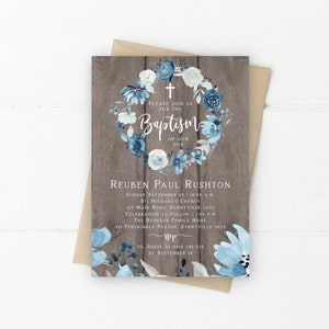 Blue Floral Baptism Invite, PRINTABLE, Boy&#39;s Wooden Rustic Themed Christening Invitation, Digital Download Elegant Watercolor Wreath, BWF1