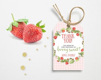 Strawberry Themed Thank You Tag, PRINTABLE, 2.5x4" Berry Sweet First 1st Birthday, Berry Cute Farm Party Gift Lolly Bag Favor Loot Tag, BS1