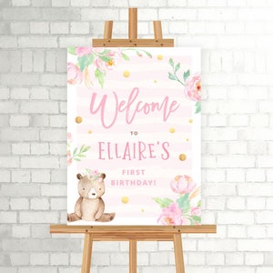 Teddy Bear Picnic Welcome Sign, PRINTABLE, Personalised Girl's 1st Birthday, Floral Bear Woodland First Party Baby Shower Decor, TBPG1