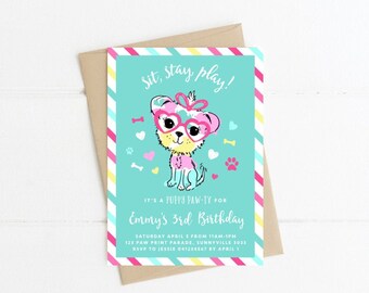 Girl's Puppy Themed Invitation, PRINTABLE, Puppy Dog Party, Cute Dog Adoption Invite, Girly First 1st 3rd 5th Birthday Paw-ty Digital File