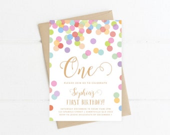 Pastel Confetti Invite, PRINTABLE, Girl's Gold 1st First Birthday Invitation, Rainbow Sprinkles Party Theme, Girl One Invite Digital PDF RC2