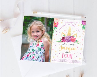 May include: A pink and gold unicorn birthday invitation with a floral crown and the text "Join us for a Magical Celebration Imogen is turning Four!"  Saturday July 21st from 10am-12pm Sparkles Playcentre 125 Main Rd Sunnyville RSVP to Jessie by Wednesday 19th July 124578