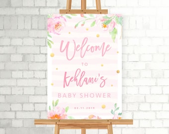 Baby Shower Welcome Sign, PRINTABLE, Floral Girl's Baby Sprinkle, Pink Gold Confetti, Flower 1st Birthday Party Decor Digital Download, FBS1