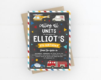 Emergency Birthday Invite, PRINTABLE, First Responders Theme, Ambulance Firetruck Police Party, Calling All Units Digital Invitation PDF