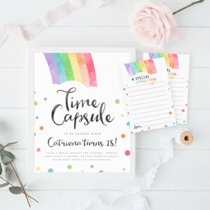 Capsula del tempo arcobaleno, STAMPABILE, Cartoline con messaggi abbinati, Coriandoli arcobaleno per bambini 1° primo compleanno, Ricordo a tema arcobaleno, RB1