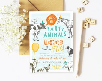 Farm Animals Invitation, PRINTABLE, Party Animals Birthday Theme, Party Hat Barnyard Farmyard, Fun Colourful Boy's Play Centre Invite, FA1