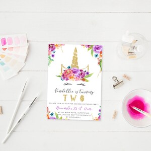 Unicorn Themed Invitation, PRINTABLE, Girly Floral First 1st 2nd 5th Birthday, Girl&#39;s Baby Shower Invite Flower Sleepy Unicorn Eyelash Horn