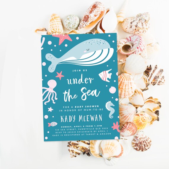 Under The Sea Themed Baby Shower DIGITAL DOWNLOAD, Sea Animals Baby Sprinkle Invite Gender Neutral Nautical Ocean Whale Printable Invitation